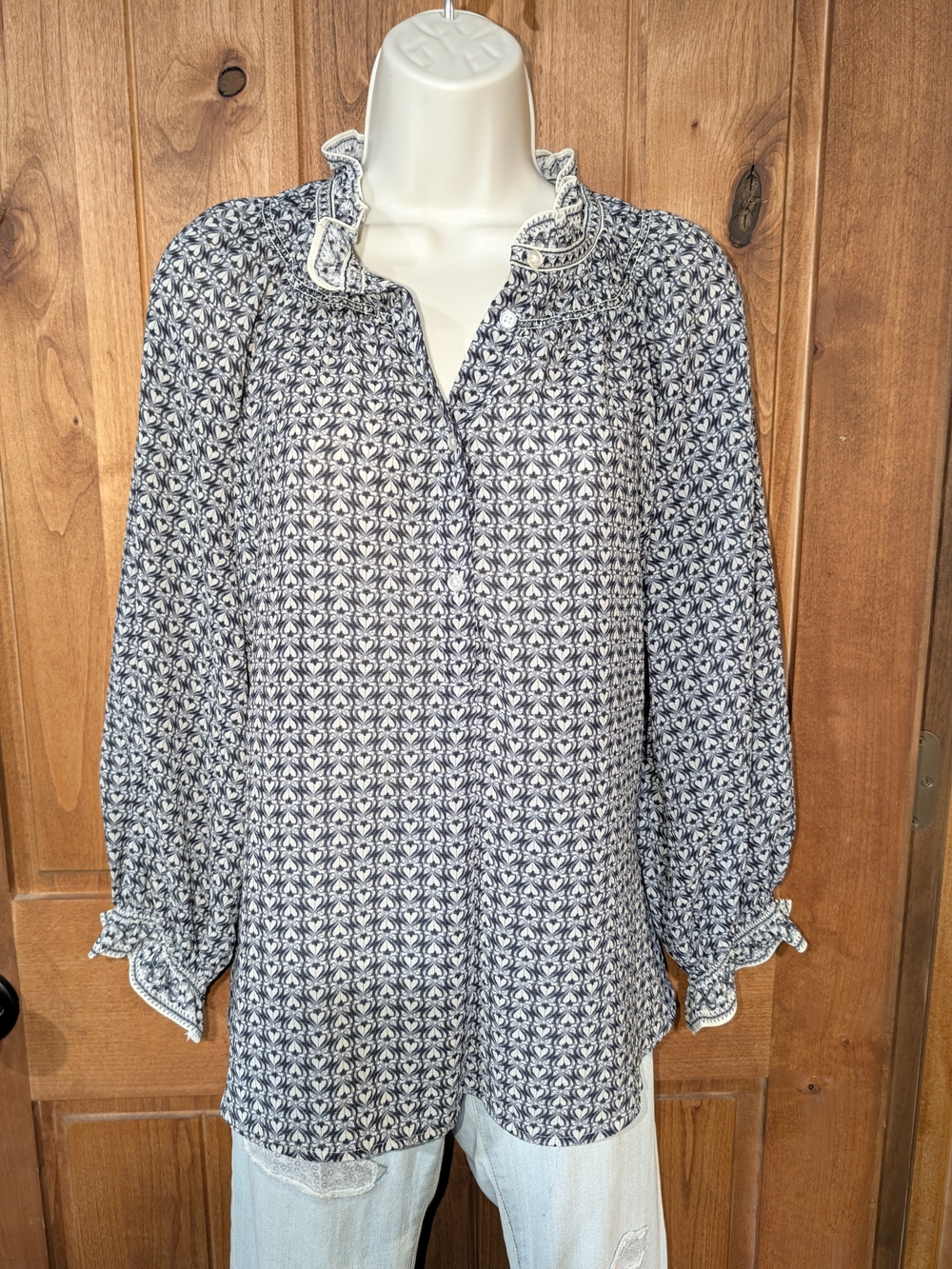 Max Studio Navy and Cream Printed Ruffle-Neck Blouse